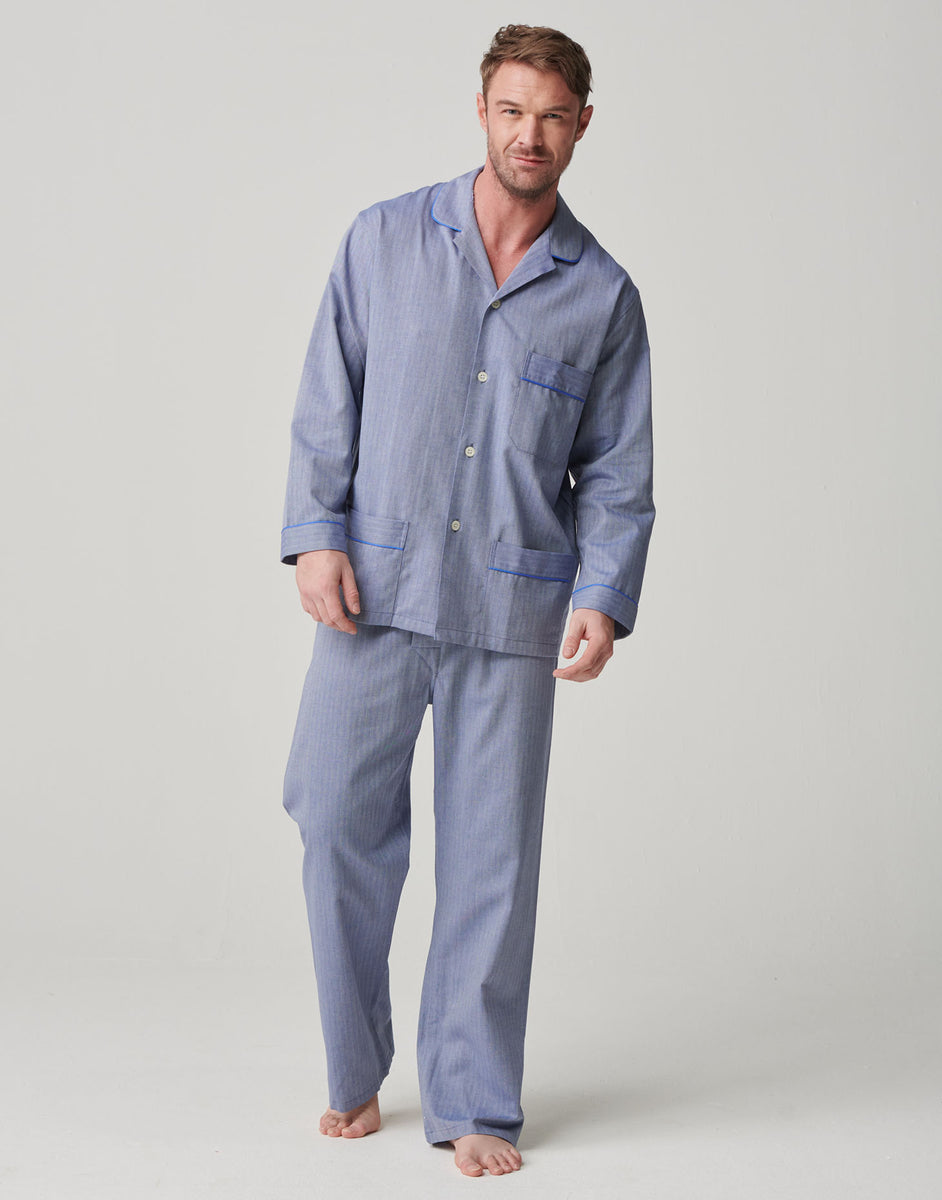 Men's Poplin Pajama smooth with a subtle pattern in colour blue.