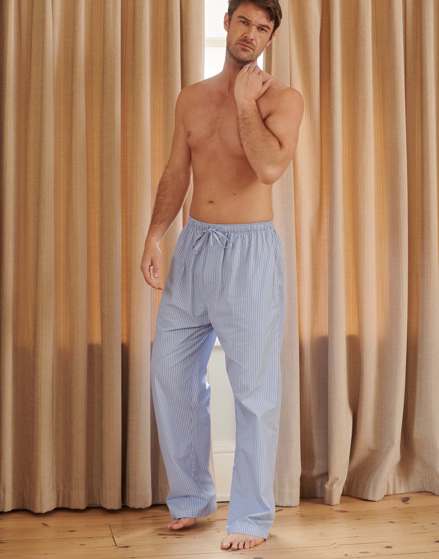 Men's Crisp Cotton Pyjama Trousers Sky Blue White Stripe