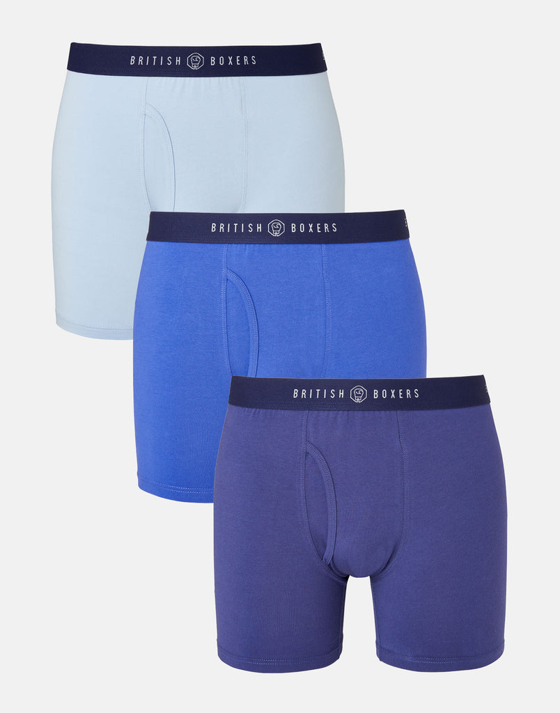 Three-pack British Boxers Men's Keyhole Stretch Trunks – Storm Blues - British Boxers