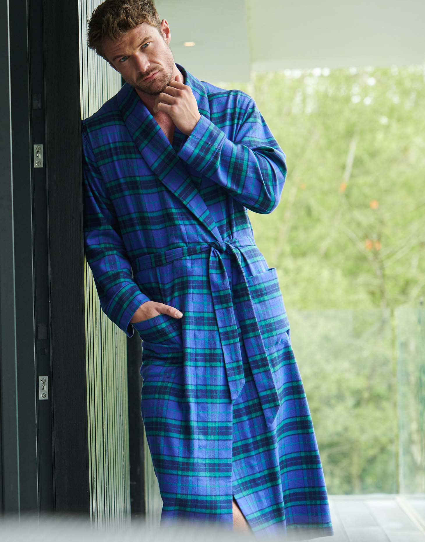 brushed cotton dressing gown Thom Sweeney - Sky Blue Brushed Cotton Dressing Gown