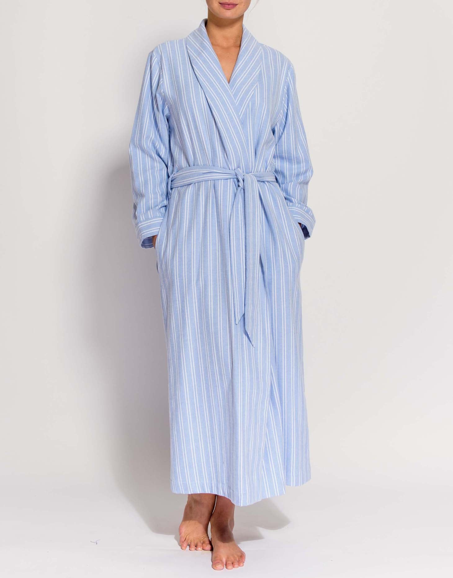 Women's Brushed Cotton Dressing Gown Westwood Blue Stripe Small - British Boxers Women's Brushed Cotton Dressing Gown Westwood Blue Stripe Small - British Boxers