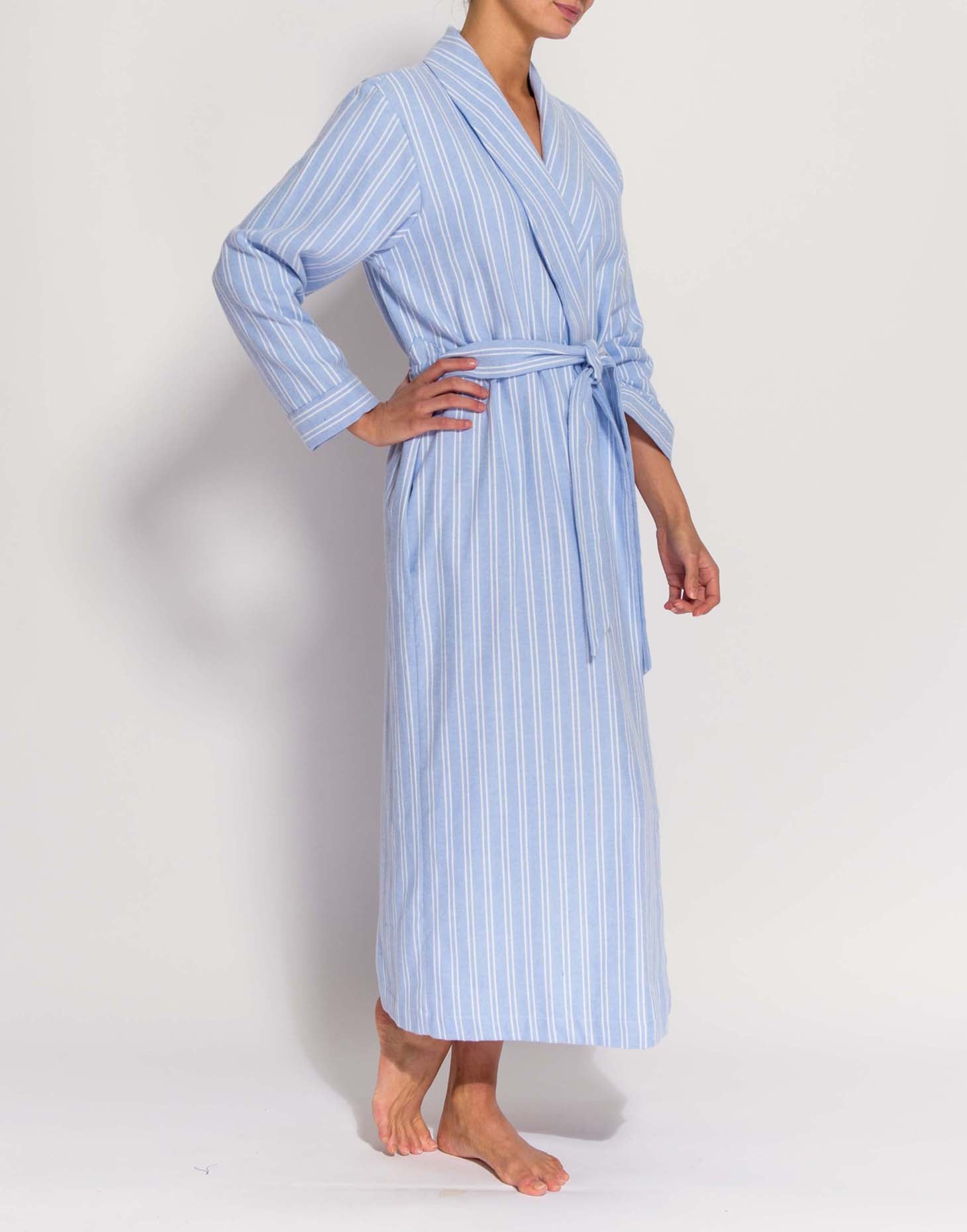 Women's Brushed Cotton Dressing Gown Westwood Blue Stripe Small - British Boxers Women's Brushed Cotton Dressing Gown Westwood Blue Stripe Small - British Boxers