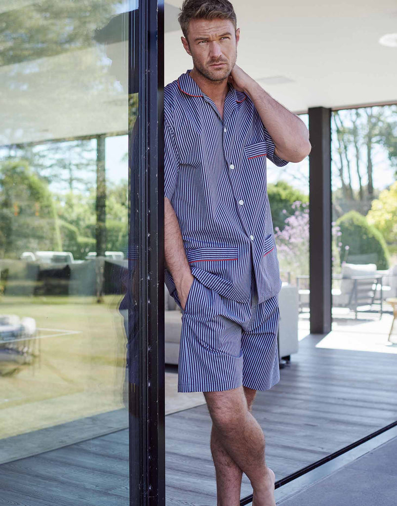 Mens 2pcs Set Fashion Horizontal Striped Pajama Set Summer Stripe Short  Sleeve Tops+ Solid Long Pants Loose Trousers Sleepwear 